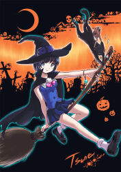 1girl animal artist_name bag black_cat black_hair bobby_socks bow bowtie bracelet broom broom_riding cape cat commentary_request crescent_moon full_body grey_eyes halloween hat jack-o&#039;-lantern jewelry loafers looking_at_viewer moon mystical_high_collar original pleated_skirt satchel shirt shoes short_hair sitting skirt sleeveless sleeveless_shirt smile socks solo tsune_(dreamers_express) witch witch_hat