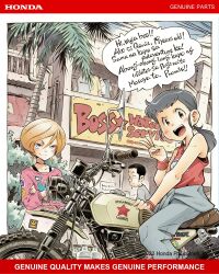 1boy 2girls :d ad anji_(genie&#039;s_motorcycle_life) black_hair blue_eyes blush boss_(genie&#039;s_motorcycle_life) brown_eyes commentary copyright_notice cross cross_earrings crossed_arms earrings english_commentary english_text genie&#039;s_motorcycle_life genie_(genie&#039;s_motorcycle_life) highres honda jewelry jumpsuit jumpsuit_around_waist looking_at_viewer motor_vehicle motorcycle multiple_girls official_art on_motorcycle open_mouth outdoors palm_tree philippines pink_sweater ponytail red_tank_top sekihan short_hair smile speech_bubble sweatband sweater tagalog_text tank_top translated tree v