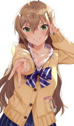 1girl ahoge bow brown_hair cellphone_charm charm_(object) diagonal-striped_bow diagonal-striped_clothes earrings green_eyes gyaru gyaru_v highres idolmaster idolmaster_million_live! idolmaster_million_live!_theater_days jewelry long_hair looking_at_viewer nail_polish open_clothes sakuramori_kaori shirt simple_background smile solo striped_clothes sweater_vest v white_background white_shirt yellow_sweater_vest