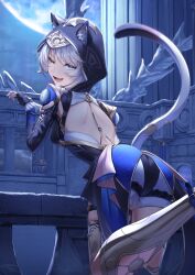 1girl ;o absurdres animal_ears ass back black_gloves black_leotard blue_eyes boots breasts cat_ears cat_girl cat_tail cipher_(honkai:_star_rail) commentary fang fingerless_gloves from_behind full_moon gloves gold_boots grey_hair highres honkai:_star_rail honkai_(series) leotard mashuretsu moon night night_sky one_eye_closed short_hair shorts skin_fang sky solo tail white_shorts