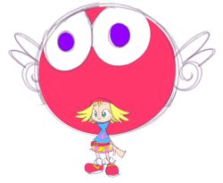 1girl amitie_(puyopuyo) belt blonde_hair blue_shirt blush closed_mouth female_focus flat_chest full_body green_eyes happy heart heart_print high_collar light_blush miniskirt multicolored_skirt oversized_clothes puyo_(puyopuyo) puyopuyo puyopuyo_fever red_headwear red_shoes shirt shoes short_hair sidelocks simple_background sketch skirt sleeveless sleeveless_shirt smile socks solo standing vilepluff what white_background white_socks winged_hat