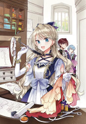 1girl 2boys :d ascot black_shirt blonde_hair blue_bow blue_choker blue_dress blue_hair blue_jacket blue_ribbon bow bracelet chain choker closed_mouth coat collared_coat collared_shirt cross-laced_clothes dai_yogensha_wa_zense_kara_nigeru drawer drawing dress earrings elbow_gloves fabric floating_earring frilled_shirt_collar frills gloves gold_trim grey_eyes hair_between_eyes hair_bow hand_up holding holding_jewelry holding_necklace holding_quill indoors inkwell jacket jewelry lace lace-trimmed_dress lace_trim lapels long_hair looking_at_another multiple_boys neck_ribbon necklace notched_lapels official_art open_mouth paper pendant_choker purple_eyes purple_vest quill red_coat red_hair ribbon ribbon_spool scissors scroll shirt short_hair short_sleeves smile spool swept_bangs tailor tape_measure tassel tassel_earrings two-tone_dress upper_body vest waist_bow wavy_hair white_ascot white_dress white_gloves white_shirt window yukiko_(tesseract)