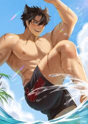 Rule 34 | 1boy, abs, black hair, black male swimwear, blue eyes, cloud, cloudy sky, eltdoa, genshin impact, grey hair, hair between eyes, highres, male focus, male swimwear, multicolored hair, muscular, muscular male, nipples, one eye closed, open mouth, scar, scar on arm, scar on leg, scar on neck, short hair, sky, solo, streaked hair, teeth, topless male, water, wet, wriothesley (genshin impact)