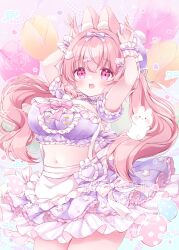 1girl animal_ear_fluff animal_ears apron arms_up blush chiika_(cure_cherish) choker commentary_request cowboy_shot crop_top dated detached_sleeves frilled_apron frilled_choker frilled_skirt frilled_sleeves frilled_wrist_cuffs frills hair_ornament hair_ribbon hairband heart heart_hair_ornament long_hair midriff navel open_mouth original pink_eyes pink_hair purple_hairband purple_skirt rabbit rabbit_ears rabbit_hair_ornament ribbon short_sleeves skirt smile solo standing tia_(chiika_cure_cherish) twintails waist_apron watermark white_apron wrist_cuffs