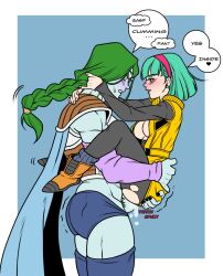1boy 1girl ass blush boots braid breasts breasts_out bulma cape closed_eyes clothed_sex cum cum_in_pussy dragon_ball dragonball_z ejaculation english_text from_side green_eyes green_hair hairband hetero highres legs looking_at_another medium_breasts medium_hair open_mouth penis plumlewds sex simple_background single_braid smile sound_effects speech_bubble standing standing_sex suspended_congress thighs torn_clothes two-tone_background uncensored vaginal zarbon
