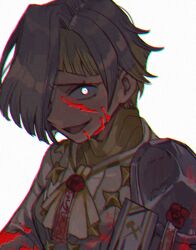 Rule 34 | 1girl, armor, ascot, blonde hair, blood, blood on face, collared shirt, commentary, grey eyes, hair over one eye, kromer (project moon), limbus company, long sleeves, looking at viewer, medu (rubish), multicolored hair, open mouth, project moon, shirt, short hair, shoulder armor, simple background, solo, streaked hair, upper body, wax seal, white ascot, white background, white hair, white shirt