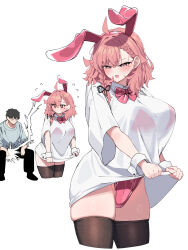 1boy 1girl absurdres animal_ears black_thighhighs bow bowtie braid breasts commentary_request fake_animal_ears highres large_breasts leotard leotard_under_clothes medium_hair mole mole_under_eye original pink_bow pink_bowtie pink_leotard rabbit_ears shirt simple_background single_braid t-shirt thighhighs warabi_mochi_(w4rabimochi) white_background white_shirt