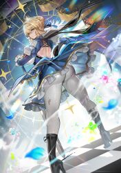 1girl ahoge artoria_pendragon_(fate) ass back black_boots blonde_hair blue_dress blue_ribbon boots braid breasts crown dress excalibur_(fate/stay_night) fate_(series) fur_trim gauntlets green_eyes hair_bun hair_ribbon high_heel_boots high_heels highres honkai:_star_rail honkai_(series) juliet_sleeves knee_boots large_breasts long_hair long_sleeves looking_at_viewer looking_back pantyhose puffy_sleeves ribbon saber_(fate) sidelocks solo sword teddypocky weapon white_pantyhose