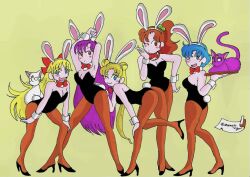 5girls aino_minako animal_ears armpits artemis_(sailor_moon) bad_tag bishoujo_senshi_sailor_moon black_cat black_fur black_leotard blonde_hair blue_eyes blue_hair bow bowtie brown_hair cat crescent crescent_facial_mark detached_collar double_bun facial_mark fake_animal_ears green_eyes hair_bobbles hair_bow hair_bun hair_ornament high_heels hino_rei inner_senshi kino_makoto leotard long_hair luna_(sailor_moon) mizuno_ami multiple_girls one_eye_closed pantyhose playboy_bunny ponytail purple_eyes purple_skirt rabbit_ears rabbit_tail red_bow sasameyukiguni short_hair simple_background skirt strapless strapless_leotard tail traditional_bowtie tsukino_usagi twintails white_cat white_fur wrist_cuffs