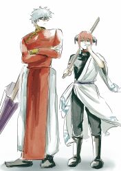 1boy 1girl black_boots black_pants black_shirt bokken boots bun_cover china_dress chinese_clothes closed_umbrella cosplay costume_switch crossed_arms double_bun dress gintama grey_hair hadanugi_dousa hair_bun high_collar highres holding holding_sword holding_umbrella holding_weapon japanese_clothes kagura_(gintama) kagura_(gintama)_(cosplay) kimono long_sleeves looking_at_viewer messy_hair open_kimono pants purple_umbrella red_dress sakata_gintoki sakata_gintoki_(cosplay) shirt short_hair short_sleeves siik9u sword umbrella weapon white_kimono white_pants wooden_sword
