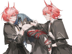 3girls aqua_eyes arknights bdsm black_horns black_jacket black_necktie blue_hair bondage bound bound_arms commentary dual_persona english_commentary feather_hair fiammetta_(arknights) frown g_xio111 hand_on_another&#039;s_head hand_on_another&#039;s_neck highres horns jacket looking_at_another mostima_(arknights) multiple_girls necktie red_eyes red_hair restrained shirt short_hair short_necktie sideways_glance simple_background three-quarter_sleeves white_background white_shirt yuri