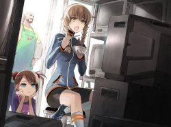 1boy 2girls amane_suzuha apron beard bike_shorts blue_eyes bowl braid brown_hair child chopsticks dutch_angle eating facial_hair food hand_on_own_hip head_rest jacket kriss_sison long_hair long_sleeves multicolored_eyes multiple_girls open_mouth scrunchie short_twintails shorts sitting socks steins;gate television tennouji_nae tennouji_yuugo twin_braids twintails white_legwear