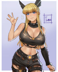 1girl blonde_hair blue_eyes breasts cleavage cleavage_cutout clothing_cutout crop_top highres holding large_breasts long_hair looking_at_viewer magik_(x-men) marvel marvel_rivals midriff navel short_shorts shorts solo tomo_eokaiteru weapon x-men