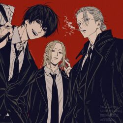 Rule 34 | 3boys, black eyes, black jacket, black necktie, black suit, brown eyes, cigarette, closed mouth, collared coat, collared shirt, empty eyes, expressionless, finger tattoo, forehead, formal clothes, from below, glasses, grin, hair bun, hair slicked back, hammer, hand tattoo, highres, holding, holding hammer, jacket, kuroiisana, leaning forward, long hair, looking at viewer, male focus, medium hair, multiple boys, nagumo (sakamoto days), necktie, open clothes, open jacket, open mouth, over shoulder, parted lips, popped collar, red background, sakamoto days, sakamoto taro, sakamoto taro (skinny), shirt, shishiba (sakamoto days), short hair, simple background, single hair bun, smile, smoke, smoking, straight hair, suit, tattoo, teeth, upper body, upper teeth only, watermark, weapon, weapon case, weapon over shoulder, white shirt