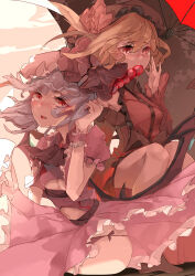 2girls absurdres alternate_costume ascot bat_wings blonde_hair blue_hair blush bow cowboy_shot dress eating fang flandre_scarlet frills hat hat_ribbon highres looking_at_viewer midriff mob_cap multiple_girls navel open_mouth pink_dress puffy_short_sleeves puffy_sleeves red_eyes remilia_scarlet ribbon ririri short_hair short_sleeves siblings sisters sitting skirt thighhighs touhou umbrella wings wrist_cuffs