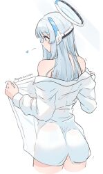 1girl ass blue_archive from_behind halo headgear heart highres long_hair mechanical_halo naked_shirt noa_(blue_archive) ogura_toast purple_eyes shirt simple_background solo twitter_username white_background white_hair white_halo