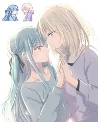 2girls 55ddee bang_dream! bang_dream!_it&#039;s_mygo!!!!! blonde_hair blue_hair blue_shirt closed_mouth green_ribbon hair_ribbon highres holding_hands long_hair looking_at_another medium_hair misumi_uika multiple_girls palms_together purple_eyes purple_shirt ribbon shirt smile togawa_sakiko two_side_up yuri