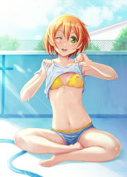 10s 1girl bad_feet bare_legs barefoot bikini bikini_under_clothes chain-link_fence clothes_lift cloud day empty_pool female_focus fence green_eyes hose hoshizora_rin indian_style looking_at_viewer love_live! love_live!_school_idol_festival love_live!_school_idol_project navel one_eye_closed orange_hair pool shian_(my_lonly_life.) shirt shirt_lift short_hair short_shorts shorts sitting sky smile solo stomach swimsuit swimsuit_under_clothes wet wet_clothes wet_shirt yellow_bikini