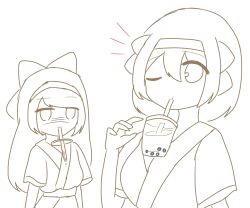 Rule 34 | 2girls, alternate breast size, breast envy, breasts, bubble tea challenge, bubble tea challenge failure, empty eyes, failure, highres, large breasts, long hair, looking at viewer, meme, monochrome, multiple girls, nakoruru, one eye closed, rimururu, samurai spirits, short hair, siblings, sisters, sketch, small breasts, smile, snk
