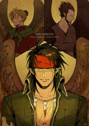 3boys akke beard black_hair black_shirt brown_hair brown_vest brown_wings closed_mouth copyright_name facial_hair facial_scar feathered_wings fire_emblem fire_emblem:_path_of_radiance green_jacket jacket janaff_(fire_emblem) male_focus multiple_boys nintendo open_clothes open_jacket profile red_shirt scar scar_on_cheek scar_on_face shirt short_hair smile spiked_hair tibarn_(fire_emblem) ulki_(fire_emblem) vest wing_collar wings