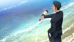 1boy alcohol beach black_jacket black_pants black_suit bottle collared_shirt dutch_angle facial_hair formal_clothes from_behind from_side fukuda_tomonori game_cg hand_hair hand_in_pocket highres holding holding_bottle jacket looking_to_the_side male_focus nagafukada_mitsuhiko narrowed_eyes ocean official_art outdoors outstretched_arm pants pouring robotics;notes sake sake_bottle shirt short_hair sideburns sideburns_stubble solo spiked_hair stubble suit suit_jacket tan very_short_hair water white_shirt