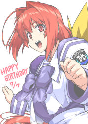 1girl :d ahoge bad_id bad_pixiv_id bow bowtie clenched_hands commentary_request dated hair_bow hair_intakes hands_up happy_birthday juliet_sleeves kagami_sumika long_hair long_sleeves looking_at_viewer low_ponytail muv-luv open_mouth otoo_(izanagi) ponytail puffy_sleeves purple_bow purple_bowtie red_eyes red_hair school_uniform serafuku sidelocks simple_background smile solo teeth to-gnaniwa upper_body upper_teeth_only white_background yellow_bow