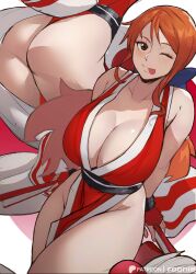 Rule 34 | 1girl, artist name, ass, blush, bow, breasts, brown eyes, cleavage, cosplay, curvy, fatal fury, foonie, funi xd, hair bow, highres, huge ass, huge breasts, long hair, looking at viewer, low ponytail, multiple views, nami (one piece), nami (one piece) (wano), naughty face, ninja, one eye closed, one piece, orange hair, outfit connection, ponytail, revealing clothes, shiny skin, shiranui mai, shiranui mai (cosplay), skindentation, the king of fighters, thong, tongue, tongue out, white background, wide hips, wink