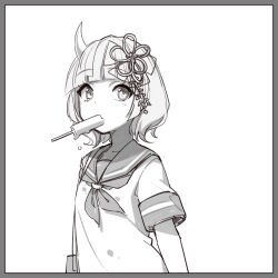 Rule 34 | 1girl, blunt bangs, border, busou kanojo, food, greyscale, horns, long bangs, medium hair, monochrome, mouth hold, nenemaru (busou kanojo), popsicle, school uniform, serafuku, single horn, solo, tenbin gashira, upper body, virtual youtuber