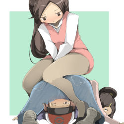 10s 1boy 2girls ass baseball_cap between_thighs blush brown_eyes brown_hair clerk_(pokemon) denim femdom hair_ornament hairclip hat hilbert_(pokemon) jeans long_hair multiple_girls name_john nintendo npc_trainer office_lady pants pantyhose pokemon pokemon_bw ponytail sitting sitting_on_face sitting_on_person smile smother thighs wince