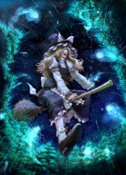 Rule 34 | 1girl, blonde hair, broom, broom riding, female focus, forest, forest of magic, full body, glowing, hat, kirisame marisa, laughing, long hair, nature, night, night sky, outdoors, perspective, realistic, sky, solo, takami masahiro, touhou, witch, witch hat, yellow eyes