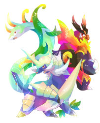 Rule 34 | animal focus, claws, closed mouth, emboar, fang, fire, gen 5 pokemon, highres, holding, holding weapon, horns, nintendo, no humans, open mouth, pokemon, pokemon (creature), red eyes, samurott, serperior, single horn, volpecorvo, weapon, white background