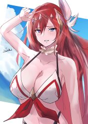 1girl absurdres alexiel_(summer)_(granblue_fantasy) arm_up bare_shoulders bikini blue_sky breasts choker cleavage feather_hair_ornament feathers frilled_choker frills godsworn_alexiel granblue_fantasy grin hair_ornament highleg highleg_bikini highres large_breasts long_hair looking_at_viewer navel s4ika sky smile solo swimsuit white_bikini