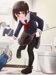 1girl bag bathroom black_pantyhose black_shoes blue_shirt blush bow bowtie breast_pocket bright_pupils brown_eyes brown_hair buttons clothes_lift commission embarrassed female_focus flat_chest full_body grey_skirt have_to_pee highres indoors leaning_forward leg_up lifting_own_clothes long_hair long_sleeves looking_down matching_hair/eyes miniskirt mirror motion_blur nose_blush open_mouth original outstretched_arm pantyhose pee peeing peeing_self plaid_clothes plaid_skirt pleated_skirt pocket ponytail puddle red_bow red_bowtie reflection sailor_collar school_bag school_uniform shirt shoes sidelocks sink skeb_commission skirt skirt_lift sneakers solo standing standing_on_one_leg tears throwing tile_floor tiles toilet toilet_paper urabe_miyabi wet wet_clothes white_pupils white_sailor_collar wide-eyed