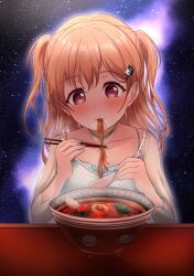 1girl artist_request bang_dream! blush brown_hair chopsticks cup_ramen eating food hair_ornament hairclip highres hiromachi_nanami long_hair noodles pink_eyes plate ramen solo star_(sky) table twintails