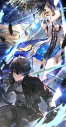 1boy 1girl absurdres black_dress black_gloves black_hair black_jacket black_pants blonde_hair blue_hair breasts closed_mouth colored_inner_hair commentary dress fleurdelys_(wuthering_waves) ggoc_ill gloves grey_eyes grey_shirt highres holding holding_sword holding_weapon jacket jewelry large_breasts long_hair looking_at_another looking_at_viewer looking_down male_rover_(wuthering_waves) multicolored_hair necklace pants rover_(wuthering_waves) shirt sleeves_rolled_up sword tabard thighs very_long_hair weapon white_tabard wuthering_waves yellow_eyes