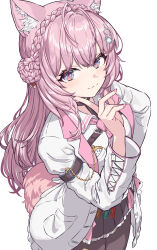 Rule 34 | 1girl, :3, absurdres, animal, animal ear fluff, animal ears, animal in clothes, antenna hair, arm belt, black skirt, blush, braid, braided bun, breasts, brown pantyhose, chest belt, closed mouth, coat, collared shirt, crown braid, eternaltanbo, fingernails, hair bun, hair ornament, hair ribbon, hairclip, hakui koyori, hakui koyori (1st costume), highres, hololive, index finger raised, kokoro (hakui koyori), lab coat, large breasts, long hair, long sleeves, looking at viewer, nail polish, necktie, open clothes, open coat, pantyhose, pink hair, pink nails, pink necktie, pink skirt, pocket watch, purple eyes, red ribbon, ribbon, shirt, simple background, skirt, smile, solo, tail, thighs, virtual youtuber, watch, white background, white coat, white shirt, wolf ears, wolf girl, wolf tail