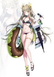 1girl absurdres arknights bare_shoulders bikini black_bikini black_choker breasts brown_hair choker closed_mouth commentary full_body hand_up head_wings highres holding holding_removed_eyewear innertube jacket long_hair looking_at_viewer mole mole_under_eye muelsyse_(arknights) multi-strapped_bikini_bottom multi-strapped_bikini_top navel off_shoulder one_eye_closed open_clothes open_jacket orange_eyes pointy_ears sandals sidelocks simple_background small_breasts smile solo stomach string_bikini sunglasses swim_ring swimsuit thigh_strap thighs ugwa umbrella unworn_eyewear very_long_hair white_background white_jacket wings zoom_layer