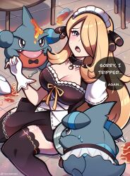 1girl absurdres accident alternate_costume black_bow black_bowtie black_dress blonde_hair bow bowl bowtie breasts choker cleavage clumsy cup cynthia_(pokemon) dress english_text enmaided frills gen_4_pokemon gible gloves grey_eyes hair_ornament hair_over_one_eye highres large_breasts long_hair looking_at_viewer maid maid_headdress nintendo on_floor open_mouth poke_ball poke_ball_(basic) pokemon pokemon_(creature) pokemon_dppt speech_bubble spill spoon sweat table tears thighhighs touyarokii tray very_long_hair white_gloves zettai_ryouiki