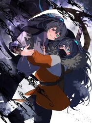 Rule 34 | 2boys, arm tattoo, arthropod limbs, black hair, blue eyes, blush, coat, fur-trimmed coat, fur trim, heterochromia, highres, hong lu (project moon), limbus company, mask, mouth mask, multiple boys, nakame77, orange coat, ponytail, project moon, selfcest, sleeves rolled up, smile, smoke, tattoo