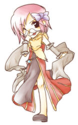 1girl animal animal_around_neck ark_kan black_dress black_eyes black_shoes bow commentary_request detached_sleeves dress fake_facial_hair fake_mustache fox full_body grey_sleeves hair_bow looking_at_viewer lowres one_eye_closed open_mouth pelvic_curtain pink_hair professor_(ragnarok_online) purple_bow ragnarok_online red_dress shoes short_hair simple_background sleeveless sleeveless_dress smile solo striped_sleeves two-tone_dress white_background