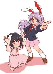 2girls animal_ears arms_up barefoot beachepisode black_hair blush brown_shoes buck_teeth carrot_necklace closed_mouth highres inaba_tewi index_finger_raised jewelry loafers long_hair long_sleeves looking_at_viewer multiple_girls necklace necktie pink_skirt pleated_skirt puffy_short_sleeves puffy_sleeves purple_hair rabbit_ears rabbit_girl rabbit_tail red_eyes red_necktie reisen_udongein_inaba shoes short_hair short_sleeves skirt smile socks squatting tail teeth touhou white_socks