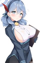 1girl absurdres ako_(blue_archive) bell black_gloves blue_archive blue_eyes blue_hair blue_hairband blush breasts clipboard cowbell earrings enru gloves hair_between_eyes hairband half_gloves halo highres holding holding_clipboard jewelry large_breasts long_hair looking_at_viewer neck_bell sideboob simple_background solo stud_earrings