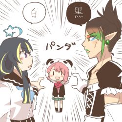 1boy 2girls ahoge animal_ears animal_hood bans black_dress black_hair black_jacket black_sailor_collar black_skirt black_socks blonde_hair blue_neckerchief bow brown_eyes chibi crossdressing dress earrings emphasis_lines fake_animal_ears gradient_hair green_hair green_skirt hair_between_eyes hanabatake_chaika hanabatake_chaika_(1st_costume) hood hood_up hooded_jacket jacket jewelry long_sleeves multicolored_hair multiple_girls neckerchief nijisanji panda_ears panda_hood pink_hair pink_shirt pleated_skirt pointing pointy_ears profile puffy_short_sleeves puffy_sleeves purple_eyes rebecca_(keinelove) red_bow sailor_collar sasaki_saku sasaki_saku_(1st_costume) school_uniform serafuku shirohoshi_jouyuu shirt short_eyebrows short_sleeves skirt socks standing star_ahoge streaked_hair thick_eyebrows translation_request virtual_youtuber white_shirt |_|