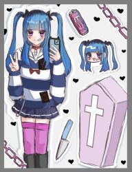 amemiya_darumi black_boots black_hair blue_hair blue_skirt boots border can cellphone chain closed_mouth coffin collarbone cross energy_drink face_piercing grey_border heart holding holding_phone knife lip_piercing long_hair long_sleeves looking_at_viewer makeup monster_energy multicolored_hair phone piercing pink_eyes pink_thighhighs runny_makeup shirt skirt smartphone smile striped_clothes striped_shirt the_hundred_line_-last_defense_academy- thighhighs twintails v white_background