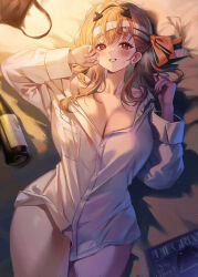 1girl alcohol bandaged_head bandages bottle breasts goddess_of_victory:_nikke grey_hair lying modernia_(first_affection)_(nikke) modernia_(nikke) mrr_05 naked_shirt official_alternate_costume on_back oversized_clothes shirt solo white_shirt wine wine_bottle