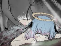 Rule 34 | 1boy, 1girl, all fours, arms up, ass, black souls, black souls 2, black tail, black wings, blood, bloody wings, blue eyes, blue hair, blush, broken halo, cum, fake halo, feathered wings, furrowed brow, grey background, grey wings, hair between eyes, hair over eyes, halo, heart, lingeriena (black souls), looking up, on floor, open mouth, pink hair, sex, sex from behind, short hair, simple background, spoken heart, tail, tearing up, tears, torogao, wings, wrangelina, yellow halo
