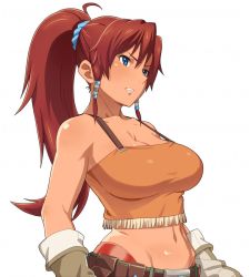 animated animated_gif assisted_exposure bellows_(suisei_no_gargantia) blue_eyes breasts clothes_pull grimace inverted_nipples large_breasts long_hair nipples no_bra ponytail red_hair shirt_pull slideshow_animation suisei_no_gargantia tenchisouha topless_female