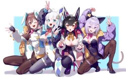 Rule 34 | 4girls, absurdres, ahoge, alternate costume, animal ears, aqua eyes, arms up, black gloves, black hair, black jacket, black pantyhose, black thighhighs, blush, bone hair ornament, bow, bowtie, breasts, brown eyes, brown hair, cat ears, cat girl, cat tail, cleavage, covered navel, detached collar, dog ears, dog girl, double v, fang, fingerless gloves, fishnet pantyhose, fishnets, fox girl, gloves, grey pantyhose, hair ornament, high heels, highleg, highleg leotard, highres, hololive, hololive gamers, inugami korone, jacket, large breasts, leotard, long hair, looking at viewer, multicolored hair, multiple girls, nekomata okayu, ok sign, on one knee, ookami mio, open clothes, open jacket, open mouth, pantyhose, pink bow, pink bowtie, purple bow, purple bowtie, purple eyes, purple hair, purple jacket, red bow, red bowtie, red streaks, see-through cleavage, see-through clothes, shinomu (cinomoon), shirakami fubuki, skin fang, smile, streaked hair, tail, thigh strap, thighhighs, thighs, v, virtual youtuber, white hair, white jacket, white leotard, white streaks, wolf ears, wolf girl, yellow bow, yellow bowtie