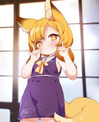 1girl animal_ear_fluff animal_ears asymmetrical_bangs babalilo blonde_hair blush breasts cowboy_shot double_fox_shadow_puppet dress fox_ears fox_shadow_puppet fox_tail hands_up highres looking_at_viewer medium_hair orange_eyes original paid_reward_available parted_lips purple_dress shouji sliding_doors small_breasts smile solo tail tareme thick_eyebrows