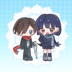 Rule 34 | 1boy, 1girl, arm sling, black jacket, black pants, black shoes, black skirt, black socks, blazer, blue background, blue eyes, blue hair, blue scarf, boku no kokoro no yabai yatsu, brown eyes, brown hair, buttons, cast, chibi, closed umbrella, collared jacket, dot nose, double-parted bangs, eyelashes, gakuran, gradient background, grey shoes, grey sweater, hair over one eye, hand on own cheek, hand on own face, happy, highres, holding, holding umbrella, ichikawa kyoutarou, jacket, jacket partially removed, kneehighs, knees, lapels, layered sleeves, light blush, light smile, long hair, long sleeves, looking at viewer, miniskirt, open mouth, pants, plaid background, plaid clothes, plaid scarf, pleated skirt, qianwa shi biao, red scarf, scarf, school uniform, shirt, shoes, short hair, skirt, sleeves past wrists, smile, sneakers, snowflake background, socks, standing, sweater, umbrella, very long hair, white shirt, white umbrella, winter, winter clothes, winter uniform, yamada anna
